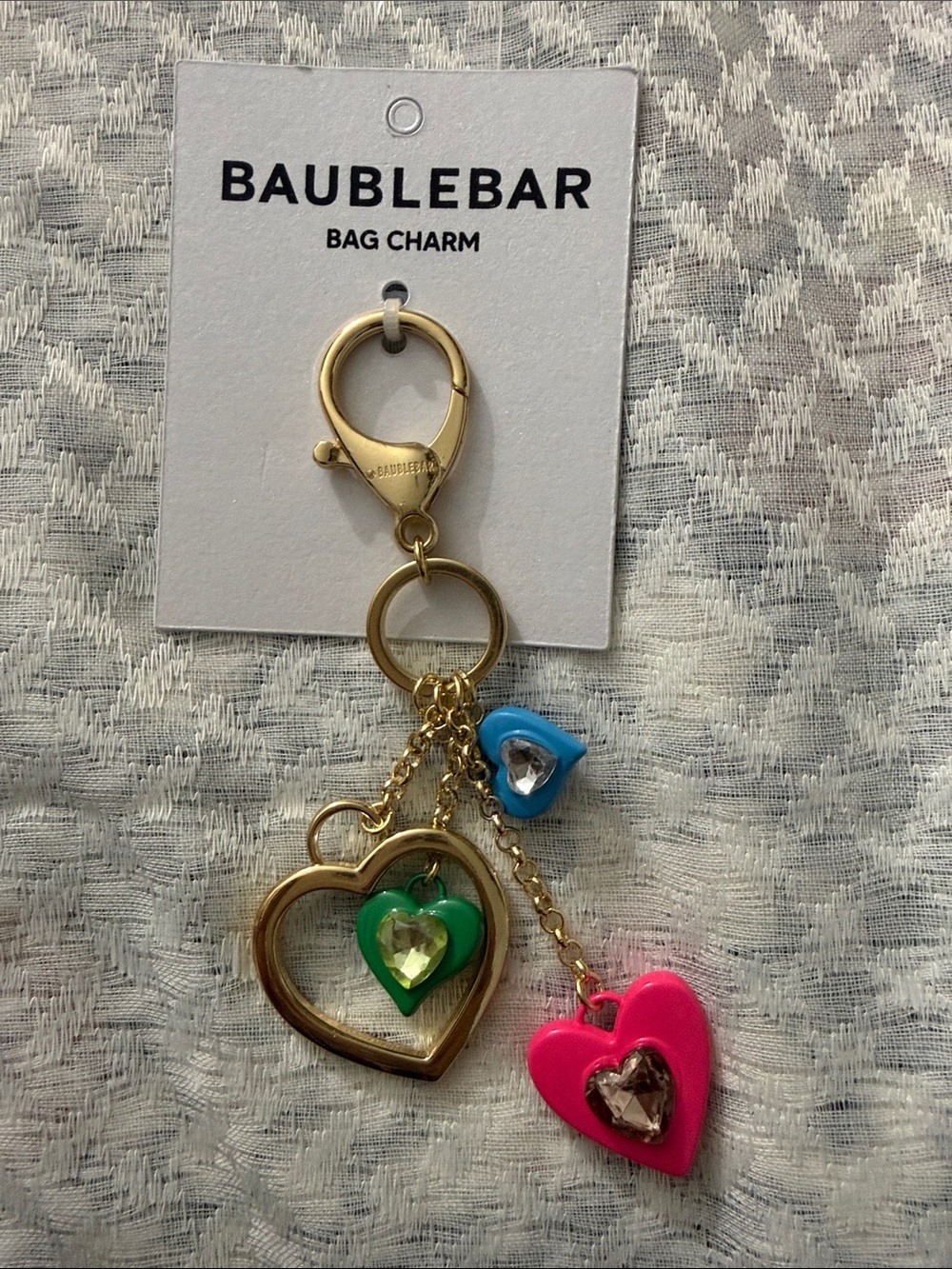 BaubleBar Gold Heart Keychain with Pink, Green & Blue Hearts
